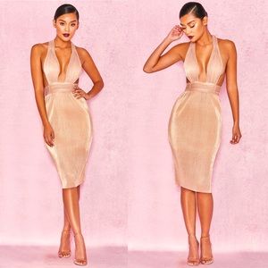 “Isolde” Metallic Gold Pleated Dress